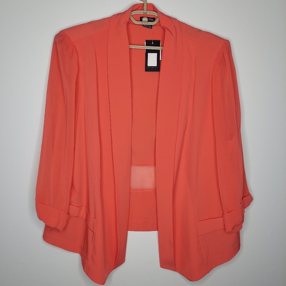 City Chic Blazer Jacket Mesh Sheer Elbow 3/4 Collar Open Front Orange-Pink 24W - Picture 1 of 6